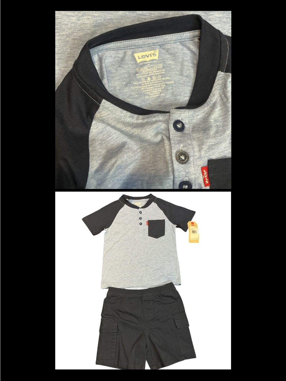 Levi's Boys Gray & Black Raglan Henley with Pocket Size: 4T